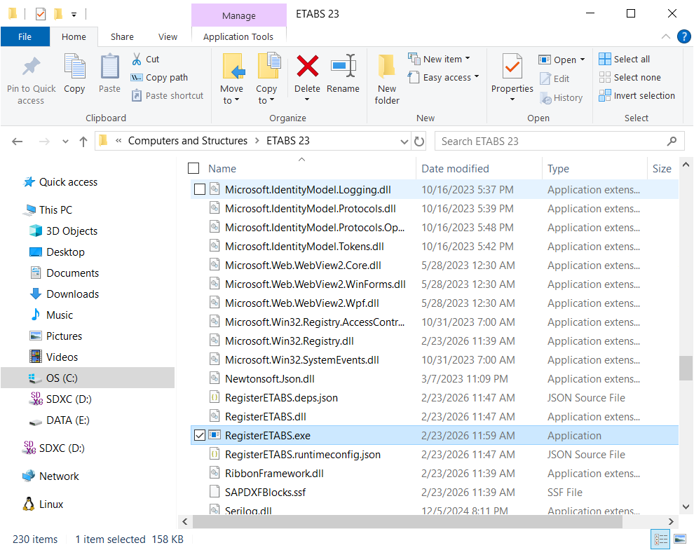 ETABS installation folder highlighting RegisterETABS.exe